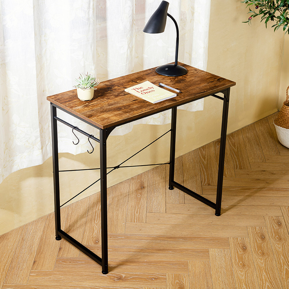 Home Office 32'' MDF Tabletop and Metal Frame Computer Desk, with 2 Hooks, Suitable for Small Spaces - Brown