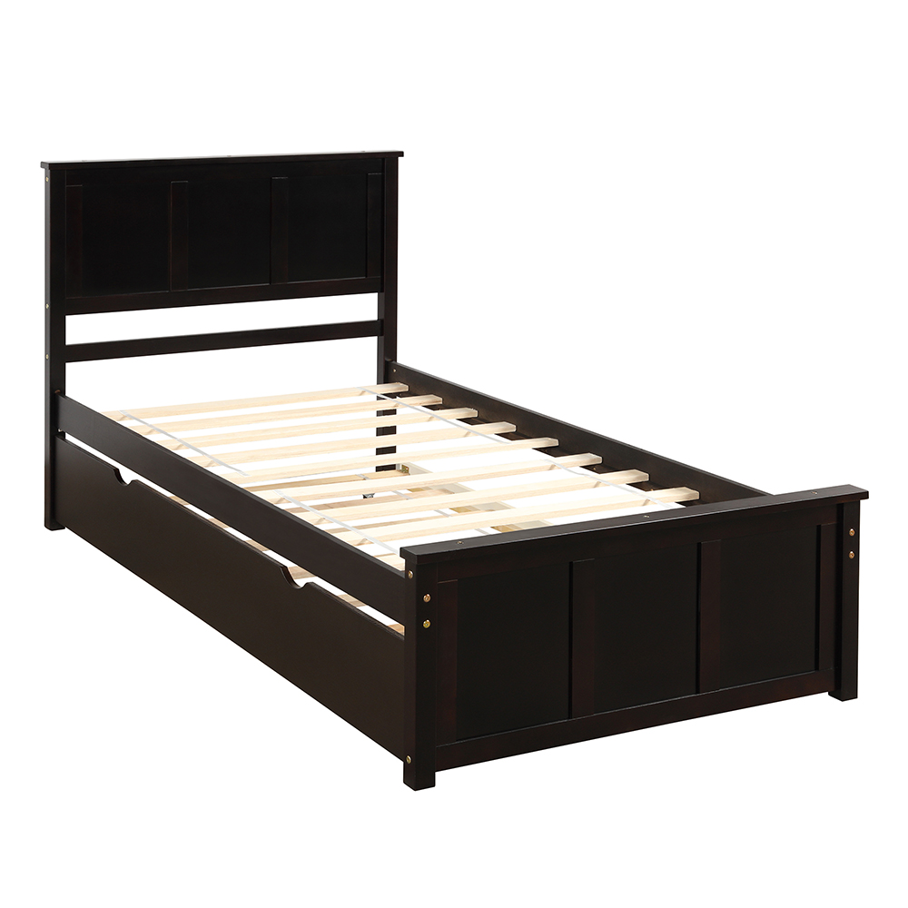 Twin Size Wooden Platform Bed Frame with Trundle Bed, and Wooden Slats Support, No Spring Box Required (Frame Only) - Espresso