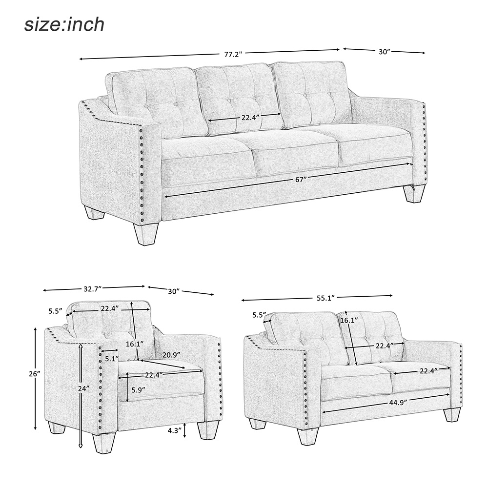 U-STYLE 3+2+1-Seat Linen Blend Fabric Tufted Sofa Set, with Solid Wood Frame and Plastic Feet, for Living Room, Bedroom, Office, Apartment - Beige