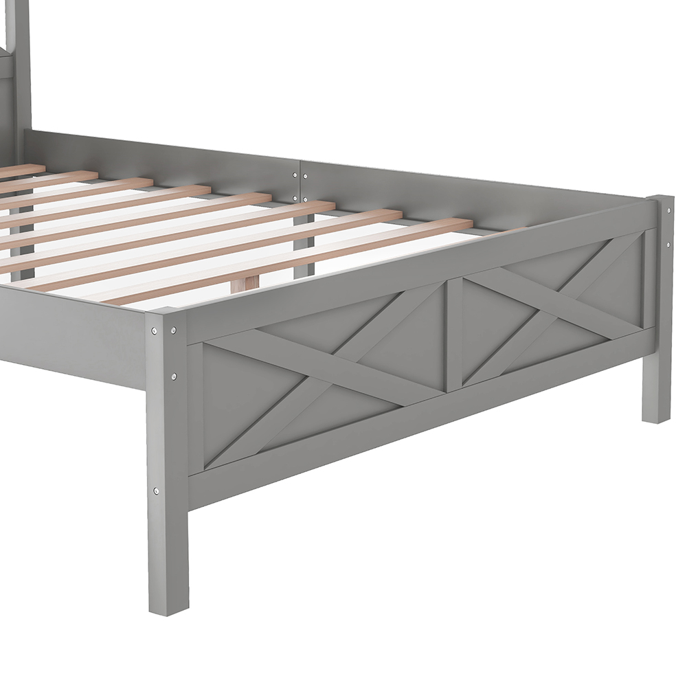 Queen Size Wooden Platform Bed Frame with High Legs and Wooden Slats - Gray