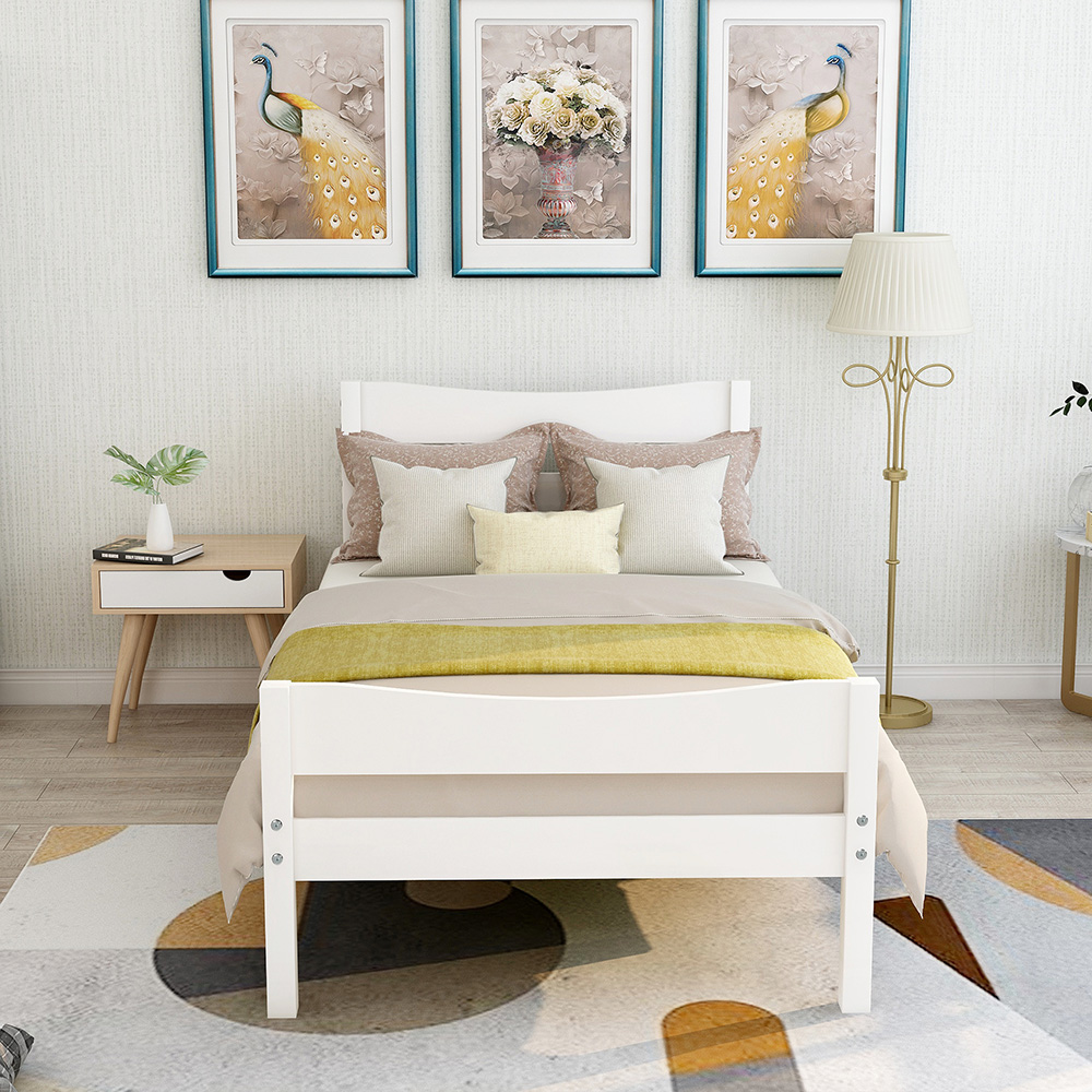 Twin Size Wooden Platform Bed Frame with Headboard, and Wooden Slats Support, No Spring Box Required (Frame Only) - White