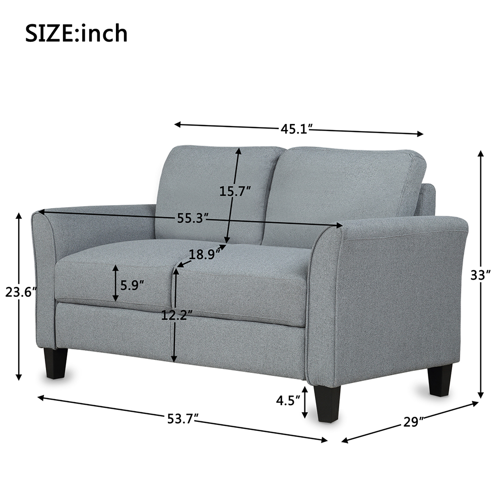 2-Seat Linen Fabric Sofa with Wooden Frame and Plastic Feet, for Living Room, Bedroom, Office, Apartment - Gray