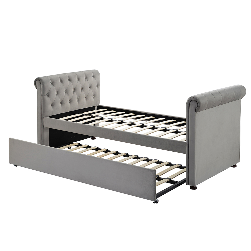 Twin Size Upholstered Daybed Frame with Trundle Bed and Wooden Slats Support, No Need for Spring Box, for Living Room, Bedroom, Office, Apartment - Gray