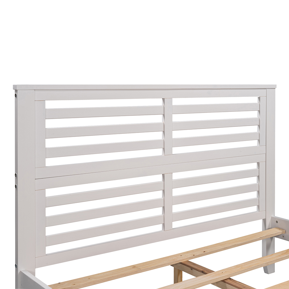 Full-Size Wooden Platform Bed Frame with Hollow Shape Horizontal Strip and Wooden Slats Support - White