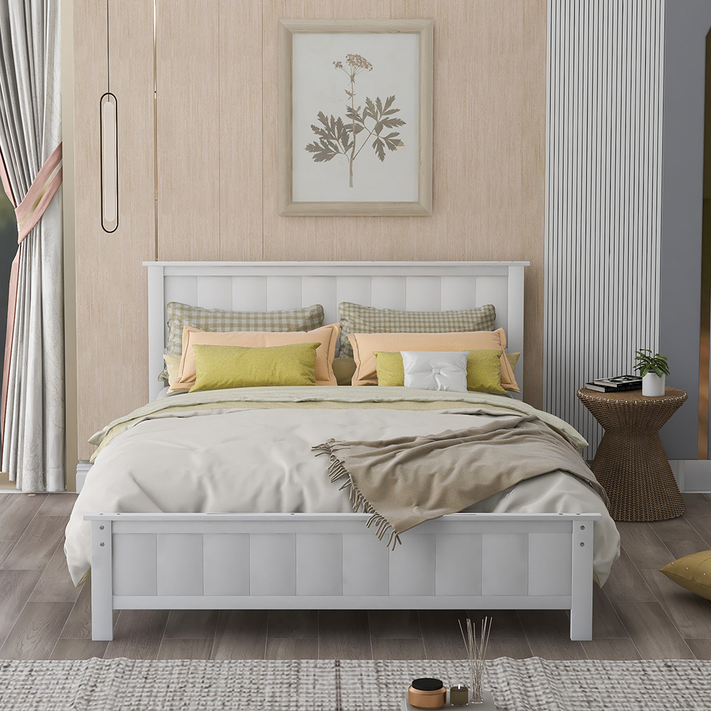 Full Size Wooden Platform Bed Frame with Headboard, Footboard, and Wooden Slats Support, No Spring Box Required - White