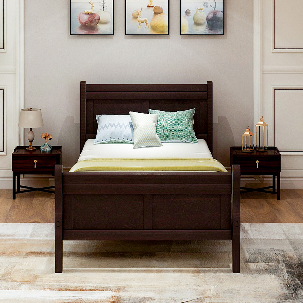 Twin-Size Wooden Platform Bed Frame with Headboard, Footboard, and Wooden Slats Support - Oak