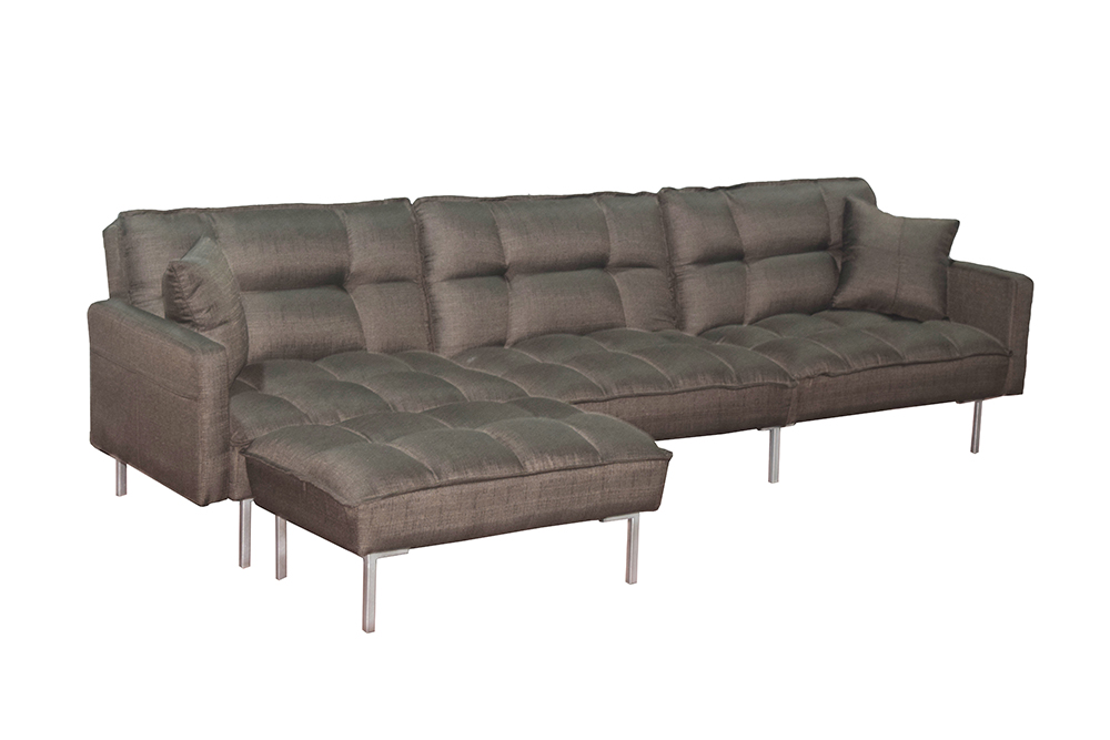 4-Seat Polyester Fabric Combination Sofa Bed with 2 Pillows and Reversible Ottoman for Living Room, Bedroom, Office, Apartment - Brown