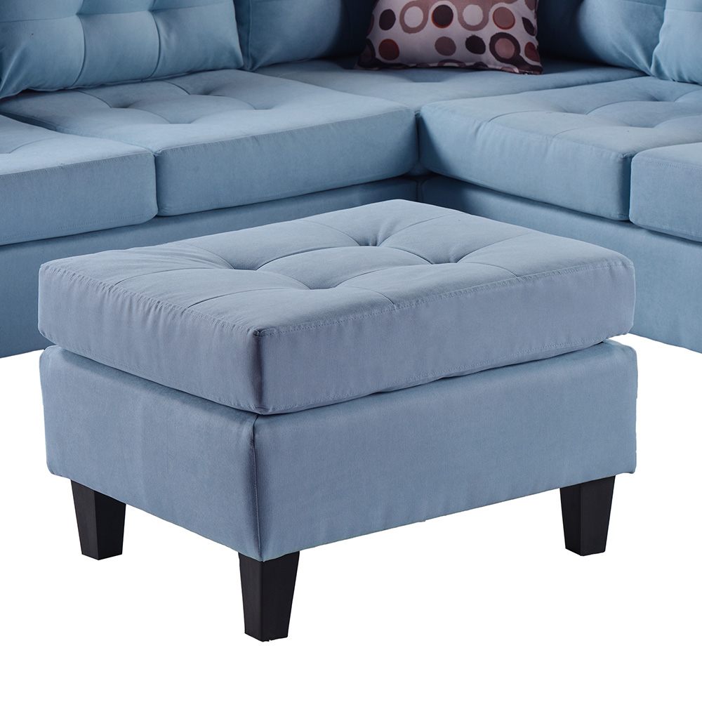 U-STYLE 5-Seat L-shaped Corner Polyester Tufted Upholstered Sofa with 2 Pillows and Ottoman, for Living Room, Bedroom, Office, Apartment - Blue