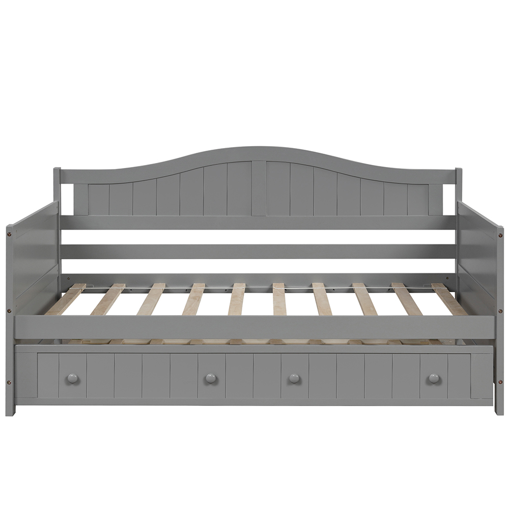 Twin-Size Wooden Platform Daybed Frame with Trundle Bed and Wooden Slats Support - Gray