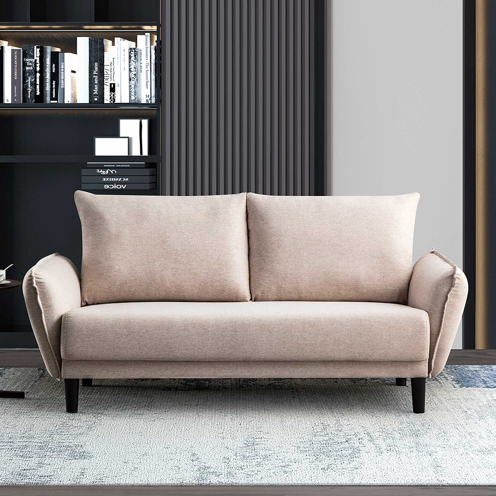 2-Seat Polyester Fabric Upholstered Sofa, with 2 Loose Back Cushions and Plastic Legs, for Living Room, Bedroom, Office, Apartment - Beige