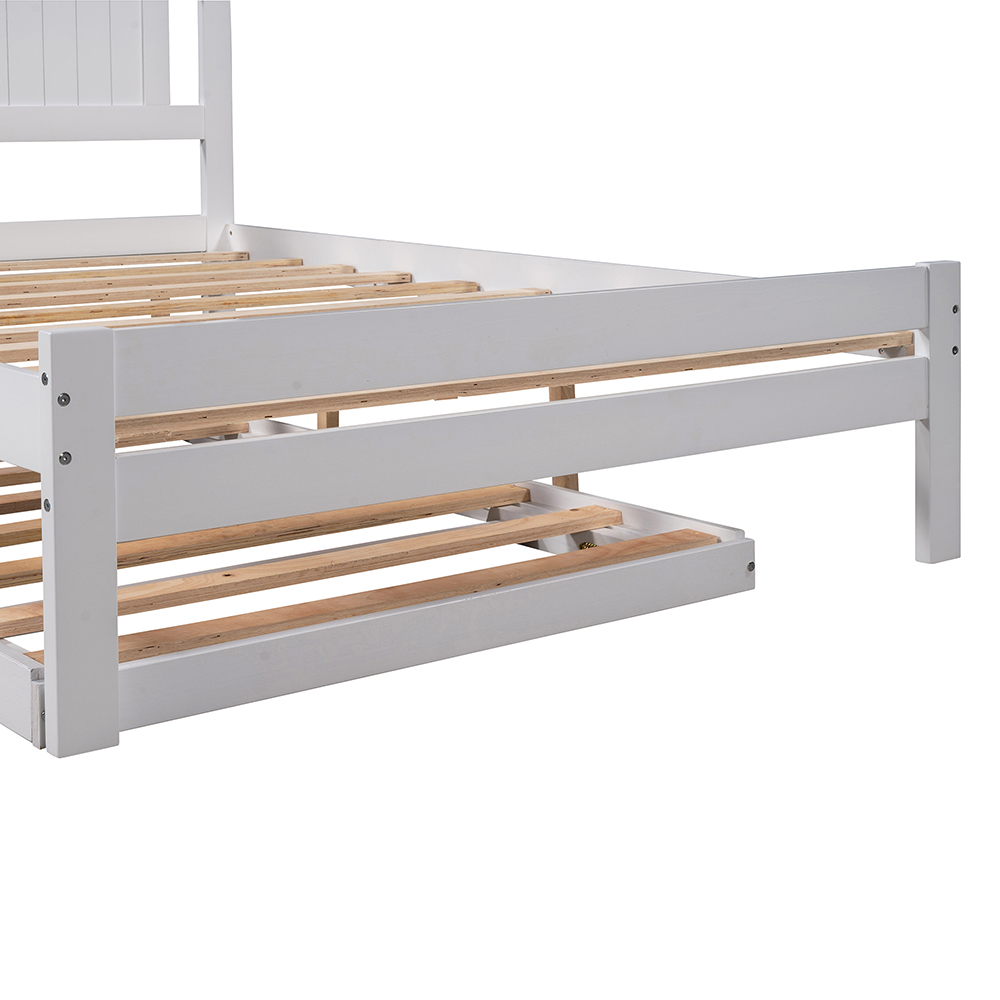 Full-Size Wooden Platform Bed Frame with Adjustable Trundle Bed and Wooden Slat Support, No Need for Box Spring - White