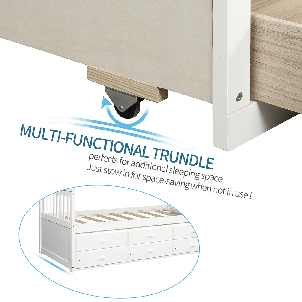 TOPMAX Captain's Twin Size Bed Frame with Trundle Bed and Storage Drawers, for Boys, Girls and Small Rooms - White