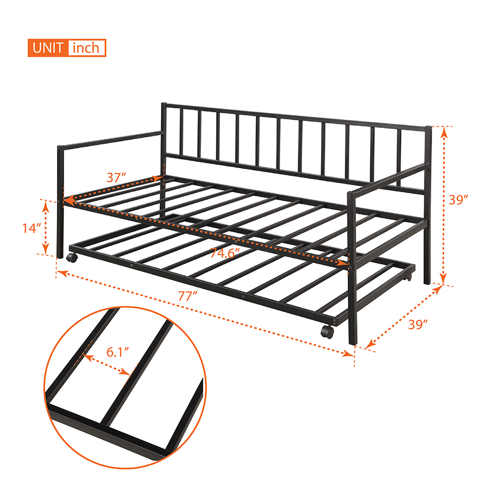 Twin Size Metal Daybed Frame with Trundle Bed and Metal Slats Support, No Need for Spring Box, for Living Room, Bedroom, Office, Apartment - Black