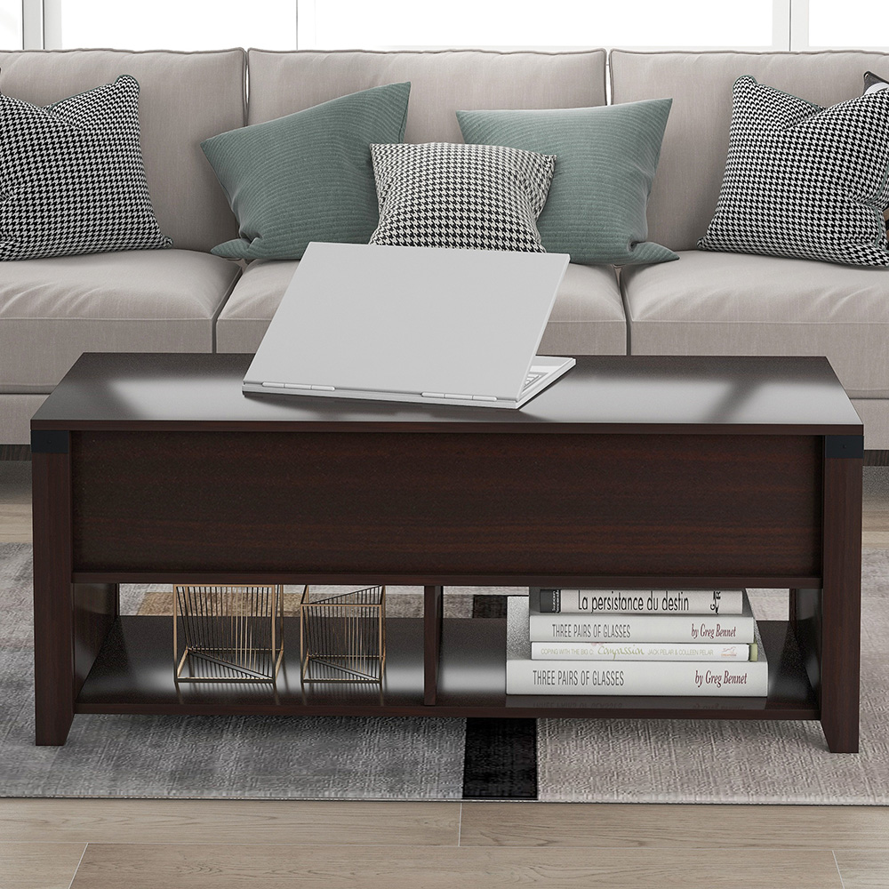 U-STYLE Wooden Lift Coffee Table with Storage Drawer, and Open Shelf, for Kitchen, Restaurant, Office, Living Room, Cafe - Cherry