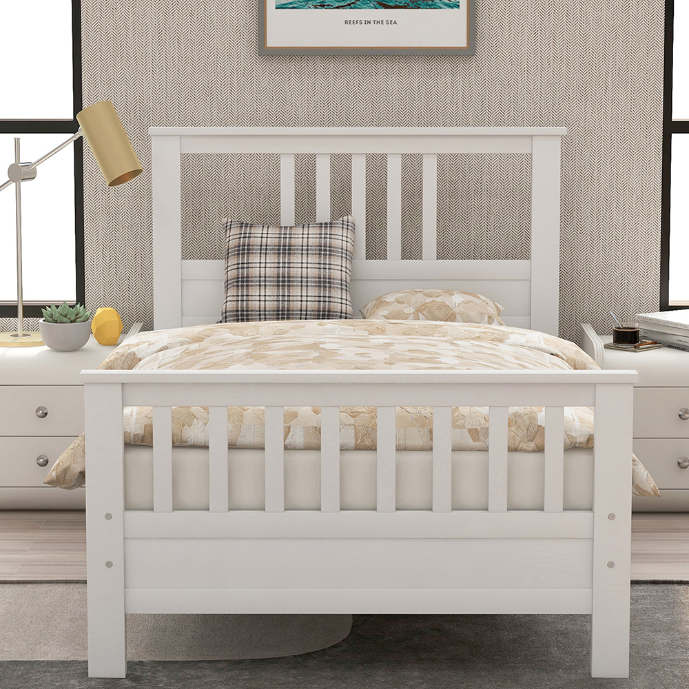 Twin Size Wooden Platform Bed Frame with Headboard, Footboard, and Wooden Slats Support, No Spring Box Required (Frame Only) - White