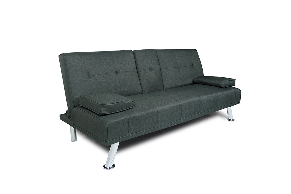 66" Twin Size Linen Fabric Sofa Bed with 2 Cup Holders and Metal Legs, for Living Room, Bedroom, Office, Apartment - Dark Grey