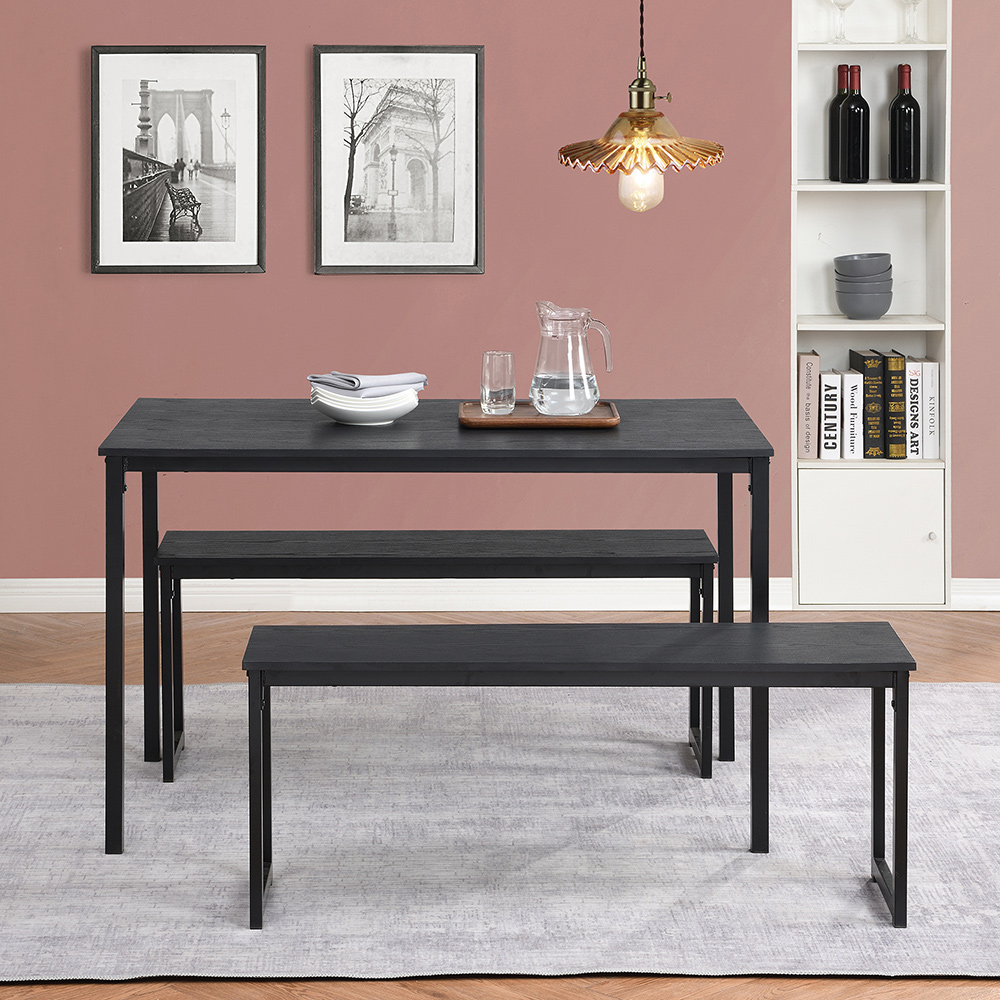 3 Piece Dining Set, Including 1 Table and 3 Benches, for Kitchen, Restaurant, Bar, Living Room, Cafe - Black