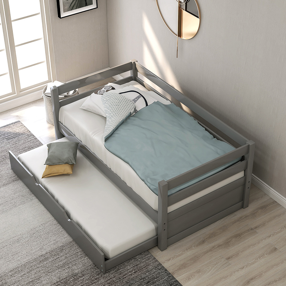 Twin Size Wooden Daybed with Trundle Bed and Wooden Slats Support, No Need for Spring Box, for Living Room, Bedroom, Office, Apartment - Gray