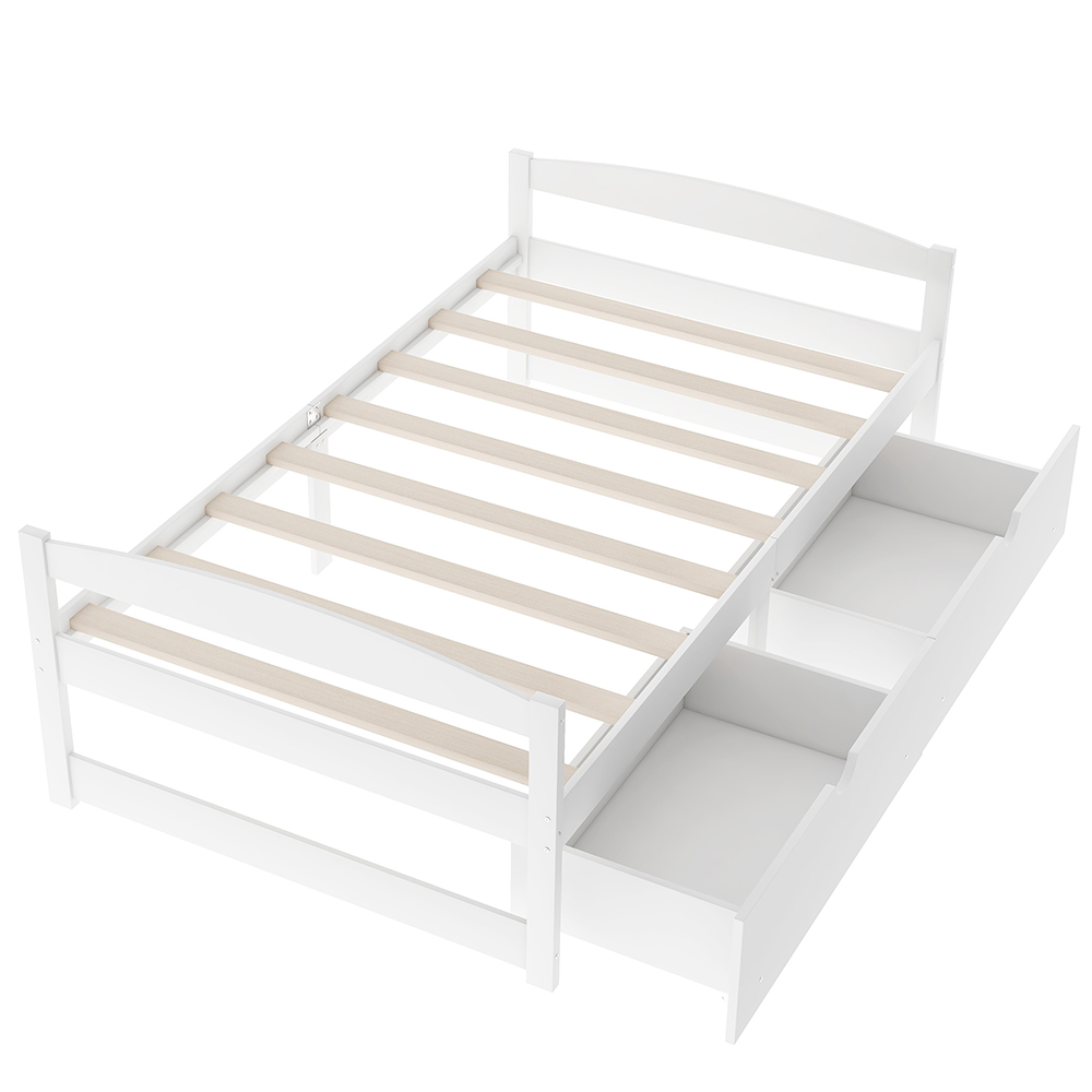 Twin Size Wooden Platform Bed Frame with 2 Storage Drawers, and Wooden Slats Support, No Spring Box Required - White