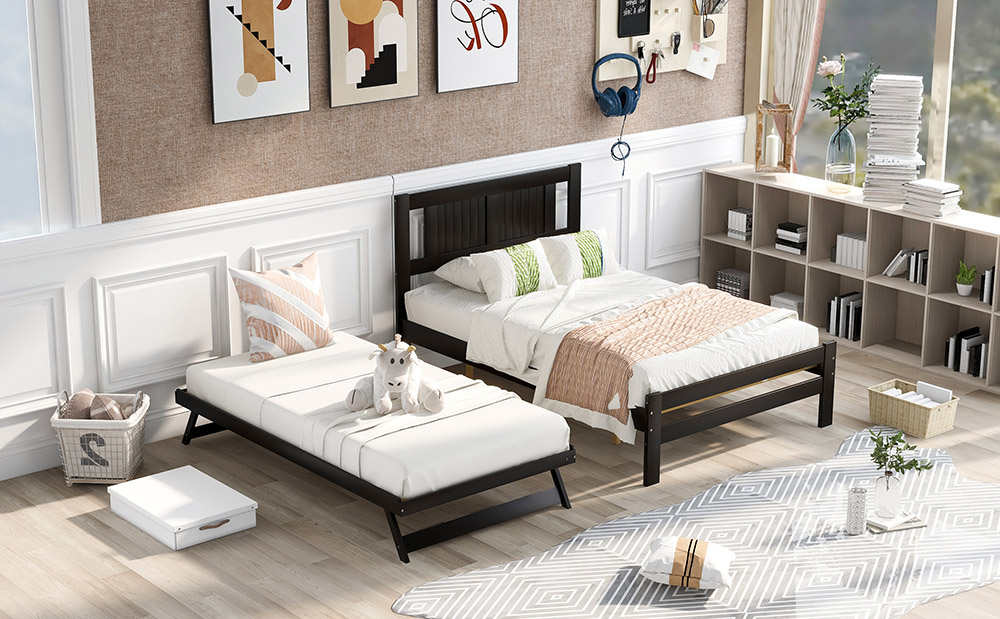 Full-Size Wooden Platform Bed Frame with Adjustable Trundle Bed and Wooden Slat Support, No Need for Box Spring - Espresso