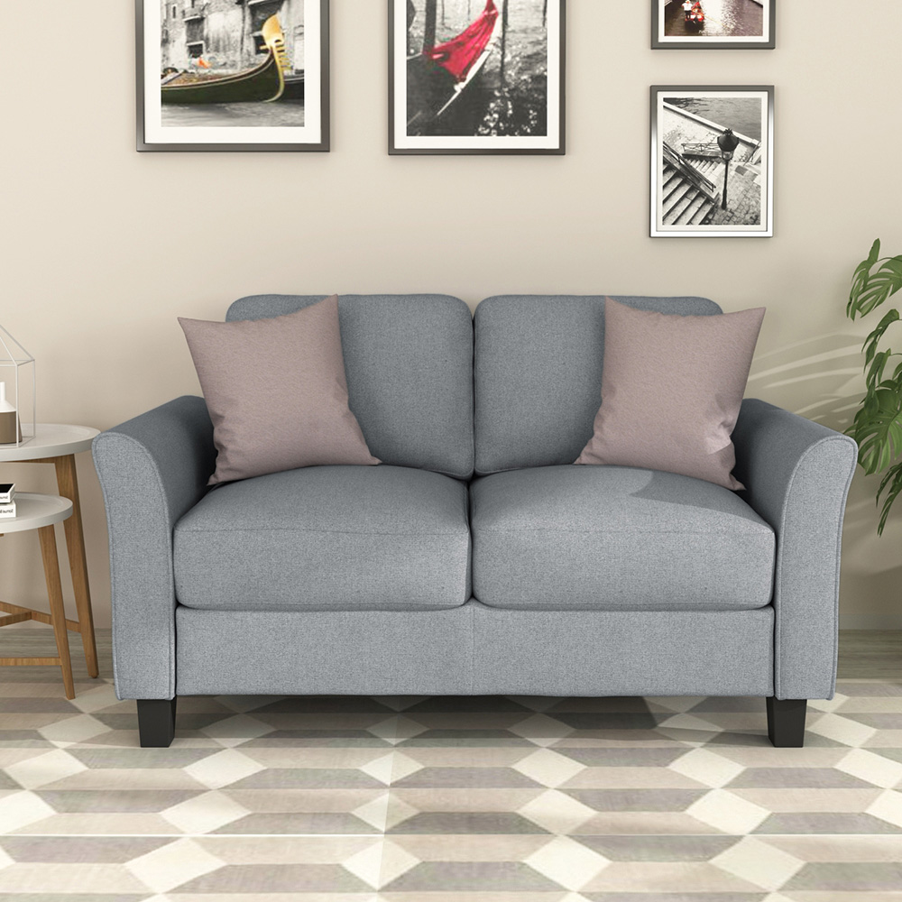 2-Seat Linen Fabric Sofa with Wooden Frame and Plastic Feet, for Living Room, Bedroom, Office, Apartment - Gray