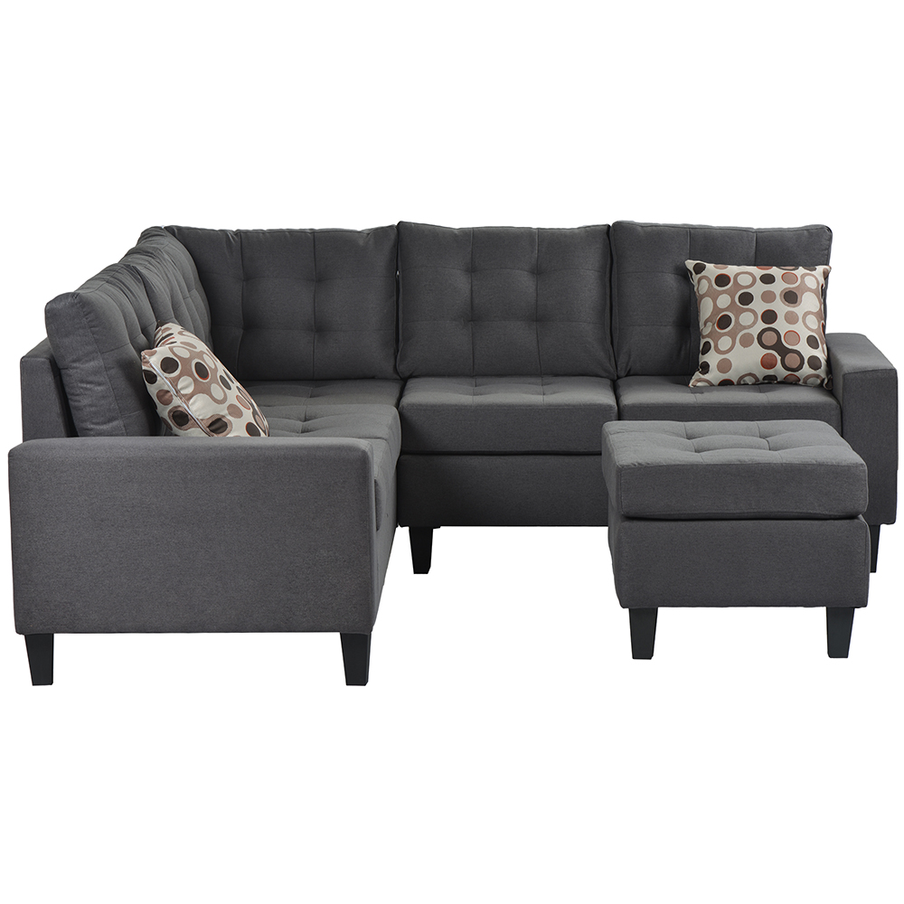 U-STYLE 5-Seat L-shaped Corner Polyester Tufted Upholstered Sofa with 2 Pillows and Ottoman, for Living Room, Bedroom, Office, Apartment - Grey