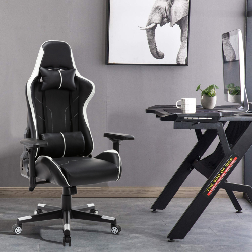 Home Office PU Leather Rotatable Gaming Chair Height Adjustable with Ergonomic Backrest and Casters - Black + White