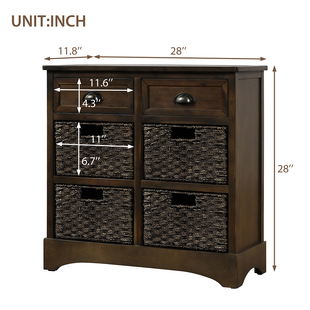 TREXM 28" Rustic Wooden Console Table with 2 Drawers and 4 Storage Rattan Baskets, for Entrance Hallway, Dining Room, Kitchen - Brown