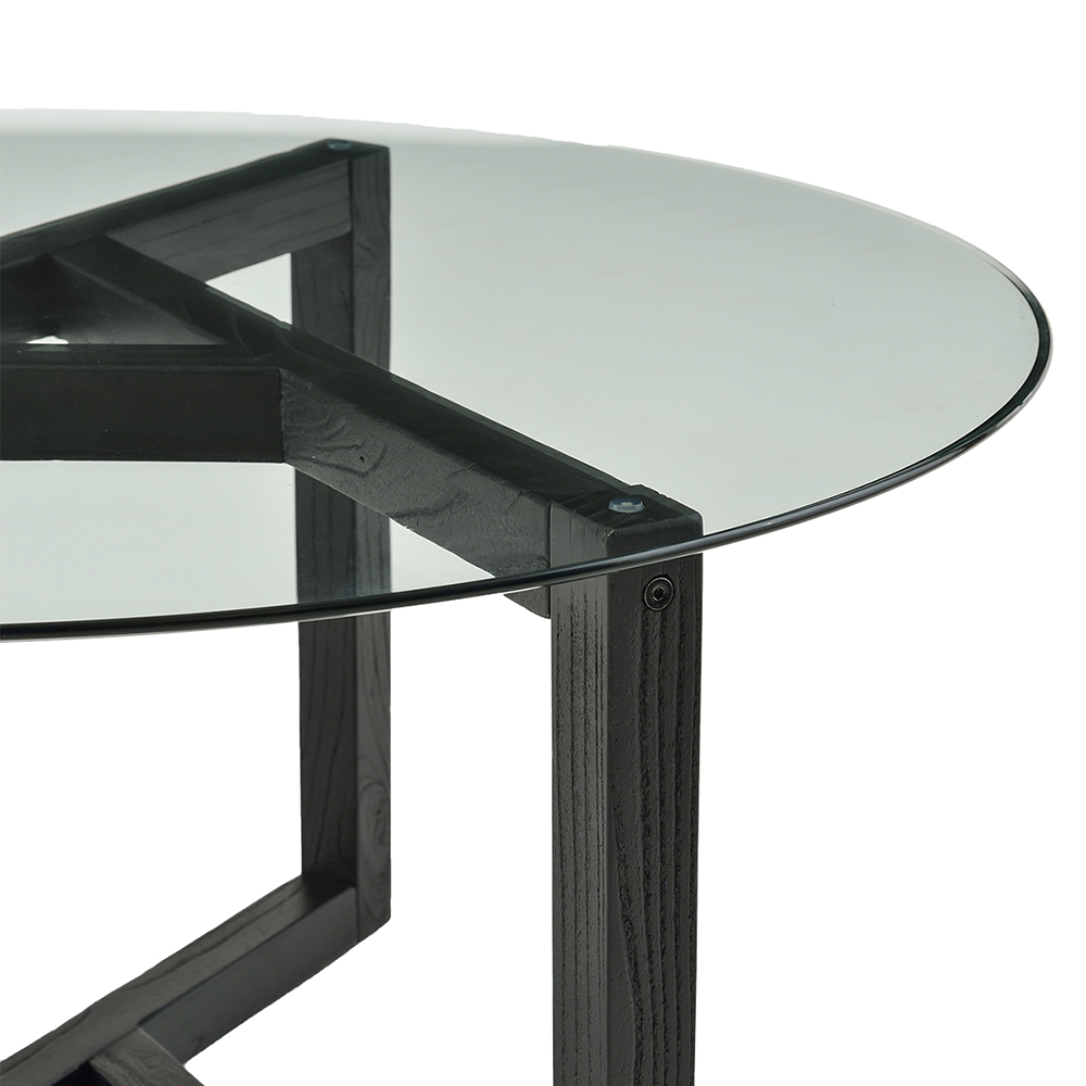 TREXM 35" Round Tempered Glass Coffee Table with Wood Base, for Kitchen, Restaurant, Office, Living Room, Cafe - Espresso