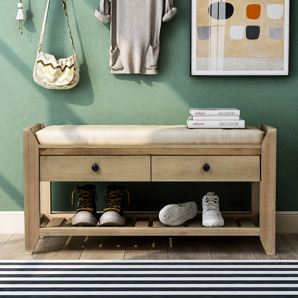TREXM 39'' Console Bench with 2 Storage Drawers and Mesh Shoe Shelf, for Entrance Hallway, Dining Room, Bedroom - Gray Washed