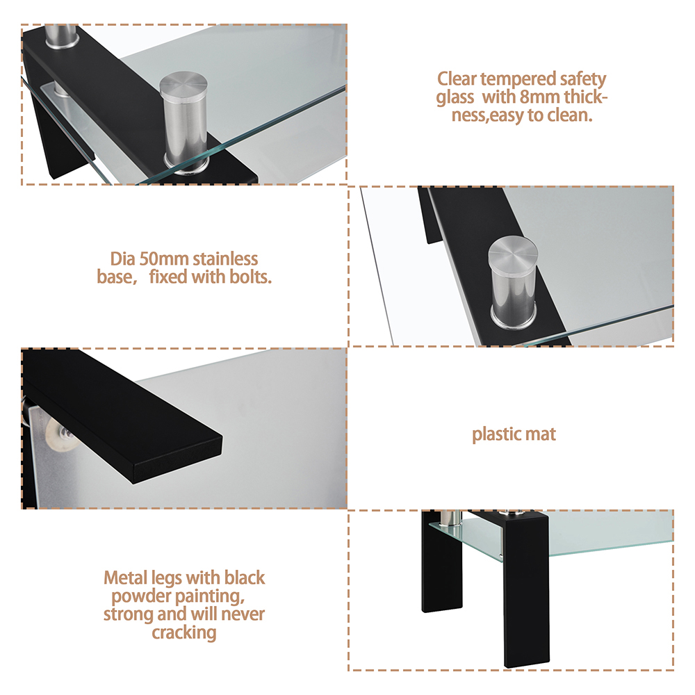 39.4'' 2-Layer Rectangle Glass Coffee Table, for Kitchen, Restaurant, Office, Living Room, Cafe - Black