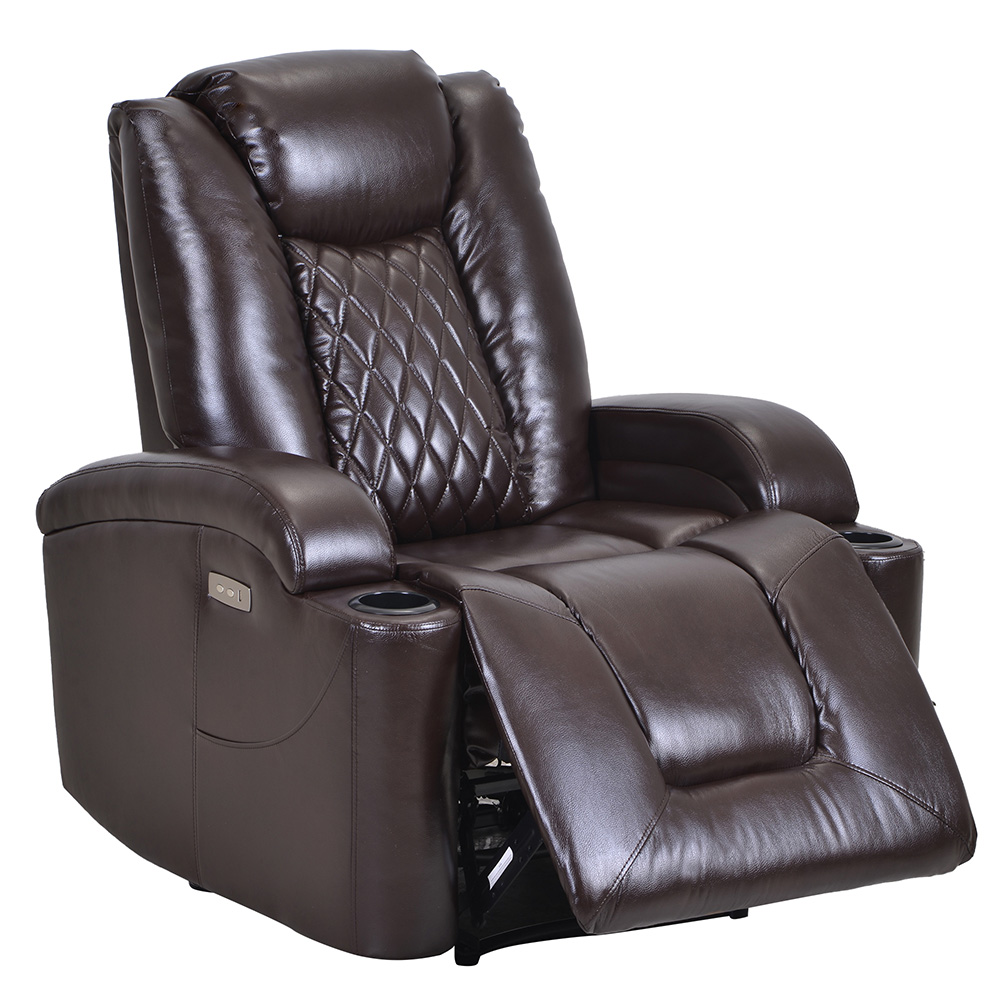 Orisfur PU Leather Electric Recliner with USB Charge Port and Cup Holder for Home Theater, Office, Living Room - Brown