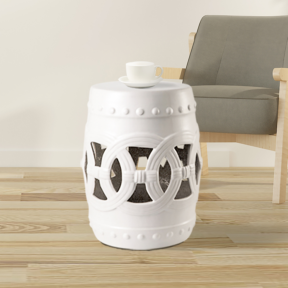 Outdoor Multifunctional Ceramic Stool for Garden, Terrace, Deck, Backyard - White