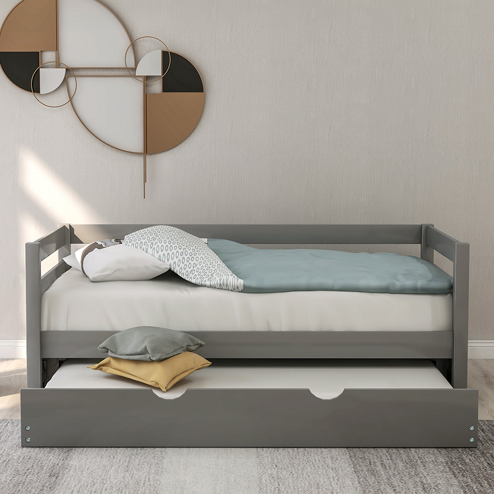 Twin Size Wooden Daybed with Trundle Bed and Wooden Slats Support, No Need for Spring Box, for Living Room, Bedroom, Office, Apartment - Gray