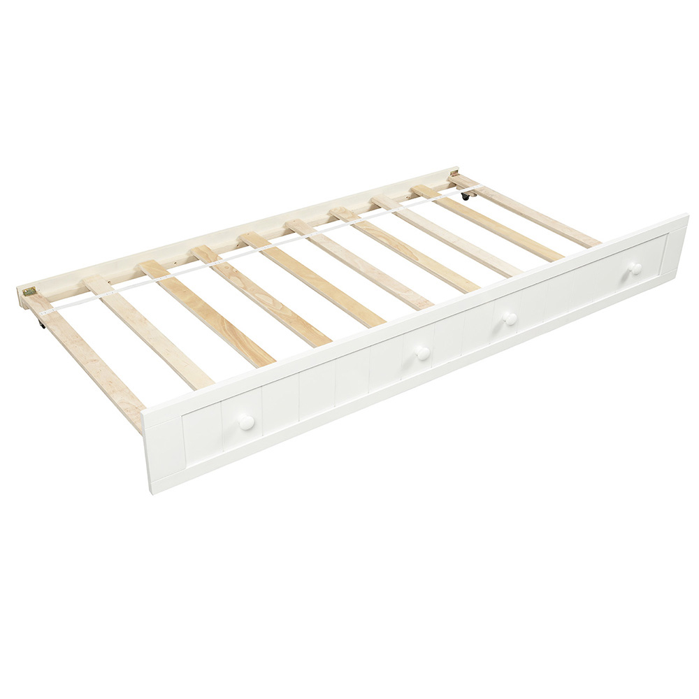 Twin-Size Wooden Platform Daybed Frame with Trundle Bed and Wooden Slats Support - White