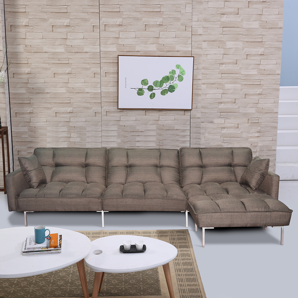 4-Seat Polyester Fabric Combination Sofa Bed with 2 Pillows and Reversible Ottoman for Living Room, Bedroom, Office, Apartment - Brown