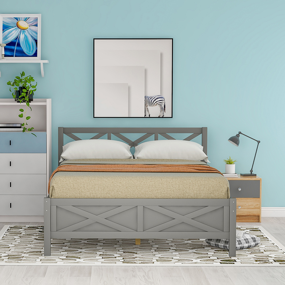 Queen Size Wooden Platform Bed Frame with High Legs and Wooden Slats - Gray
