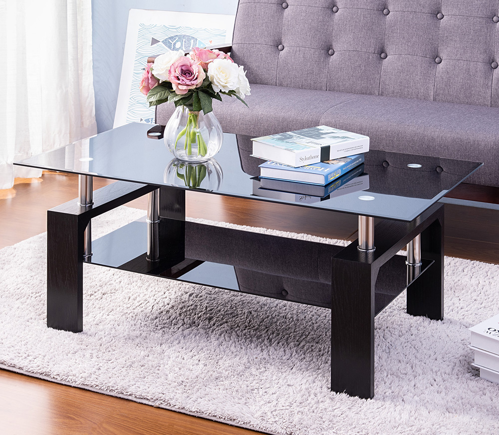43" Glass Coffee Table with Wooden Legs and Open Shelf, for Kitchen, Restaurant, Office, Living Room, Cafe - Black