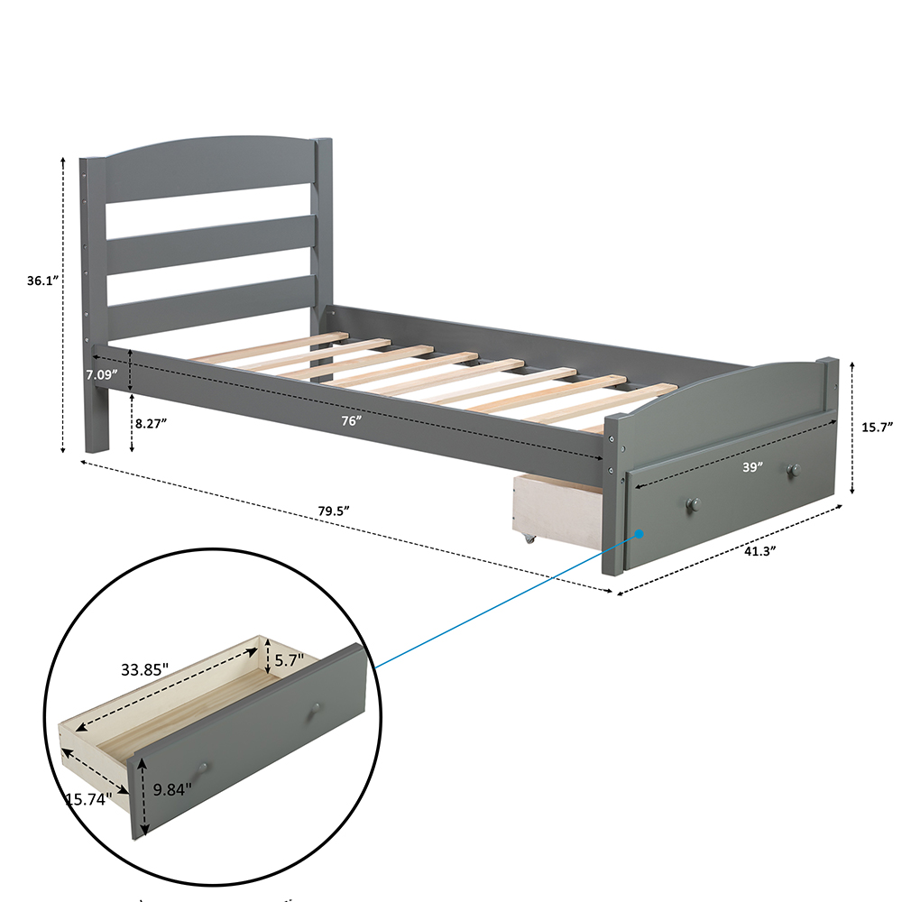 Twin Size Wooden Platform Bed Frame with Storage Drawer, and Wooden Slats Support, No Spring Box Required (Frame Only) - Gray