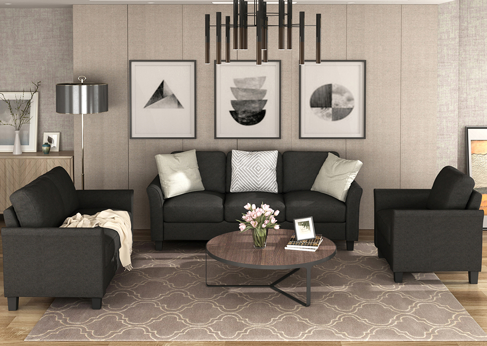 3-seat + 2-seat + 1-seat Linen Upholstered Sofa Set, for Living Room, Bedroom, Office, Apartment - Black
