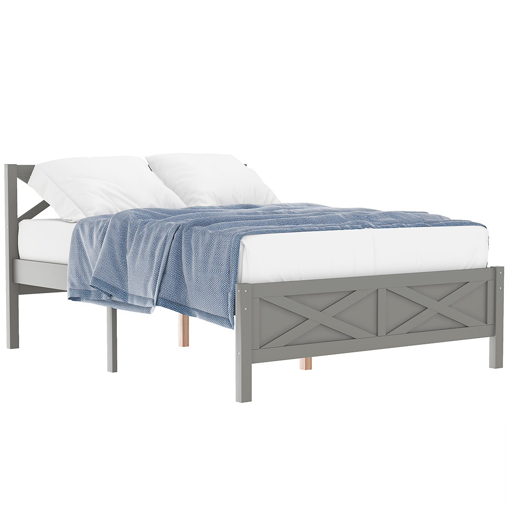 Queen Size Wooden Platform Bed Frame with High Legs and Wooden Slats - Gray