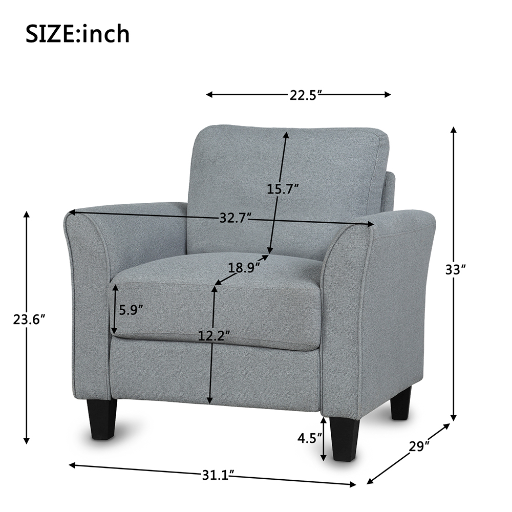 1-Seat Linen Fabric Upholstered Sofa with Armrest and Backrest, for Living Room, Bedroom, Office, Apartment - Black