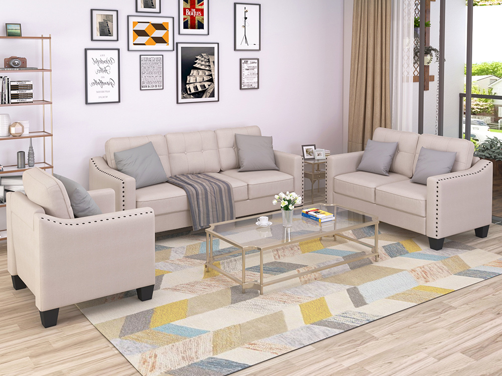 U-STYLE 3+2+1-Seat Linen Blend Fabric Tufted Sofa Set, with Solid Wood Frame and Plastic Feet, for Living Room, Bedroom, Office, Apartment - Beige
