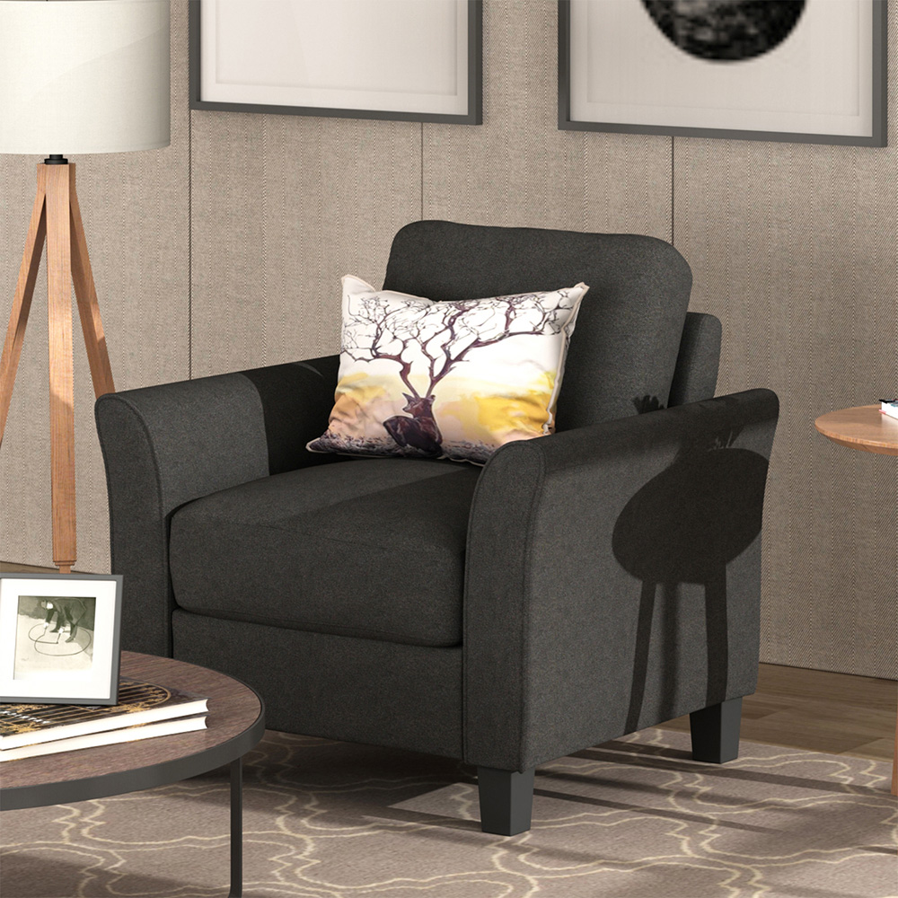 1-Seat Linen Fabric Upholstered Sofa with Armrest and Backrest, for Living Room, Bedroom, Office, Apartment - Black