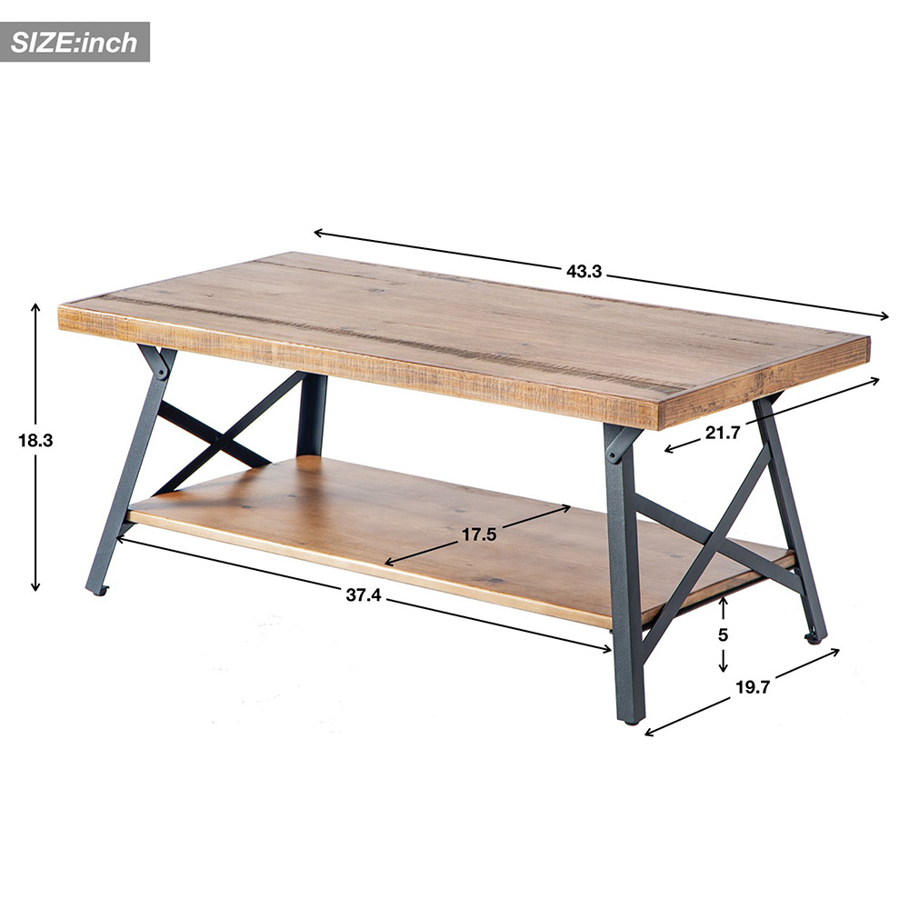 43.3" 2-Layer Wooden Coffee Table with Metal Legs, for Kitchen, Restaurant, Office, Living Room, Cafe - Brown