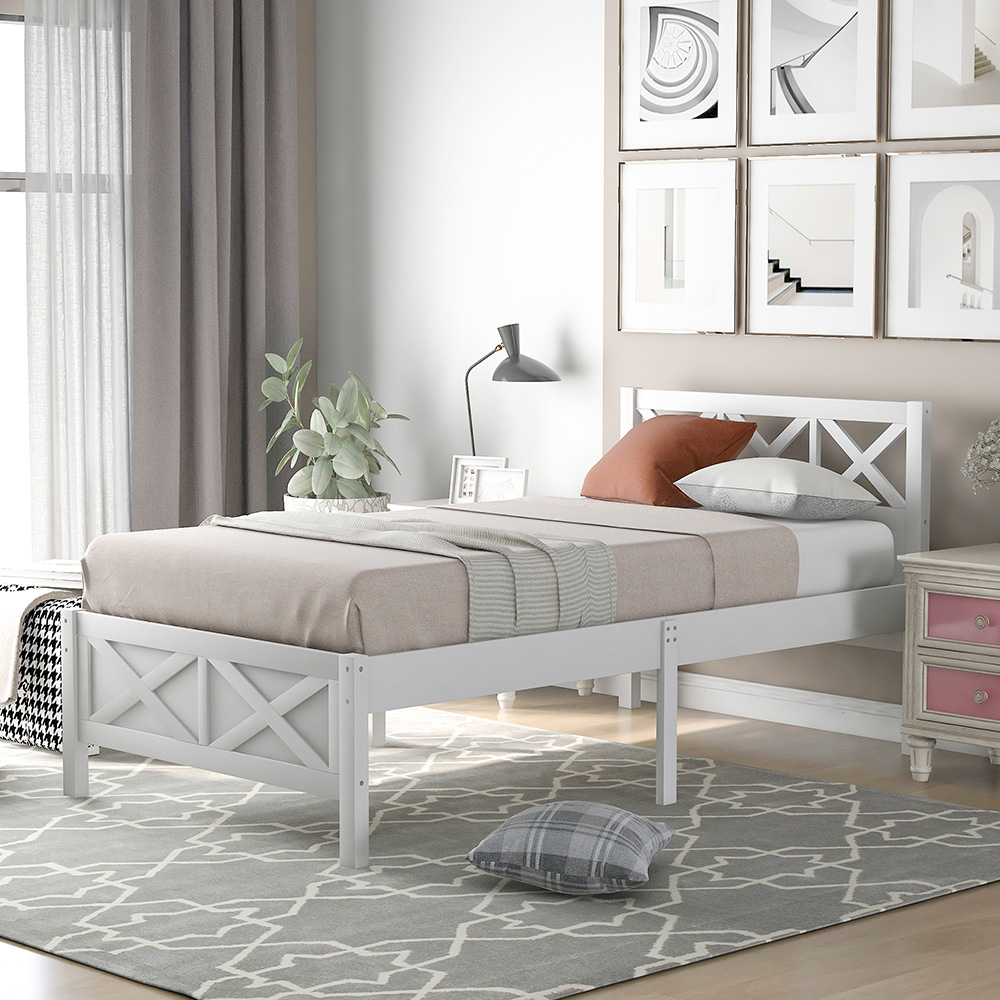 Twin Size Wooden Platform Bed Frame with High Legs and Wooden Slats - White