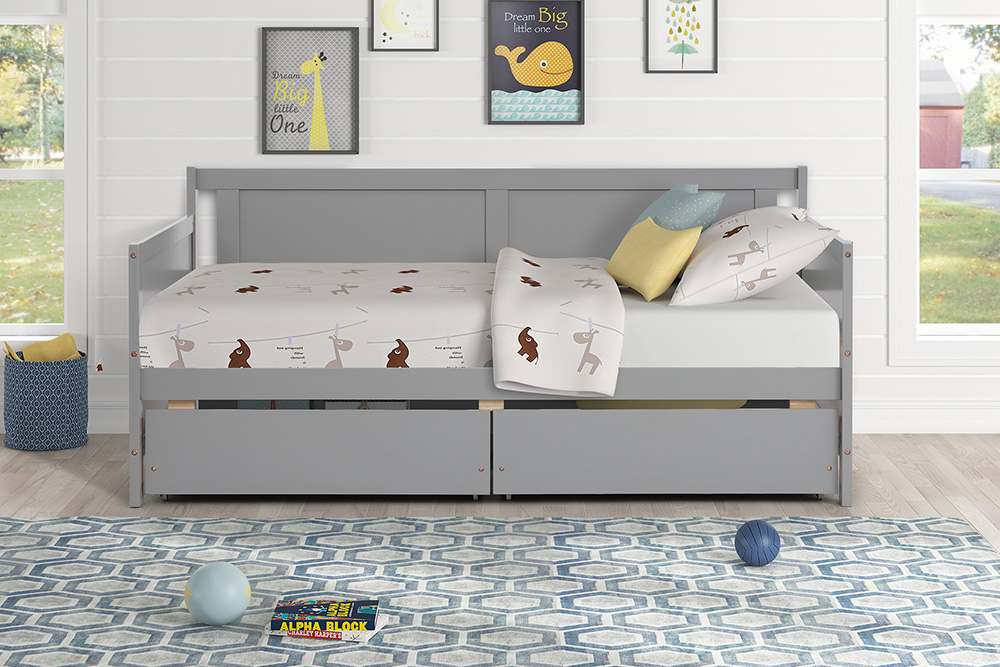 Twin Size Wooden Daybed Frame with 2 Storage Drawers and Wooden Slats Support, No Need for Spring Box, for Living Room, Bedroom, Office, Apartment - Gray