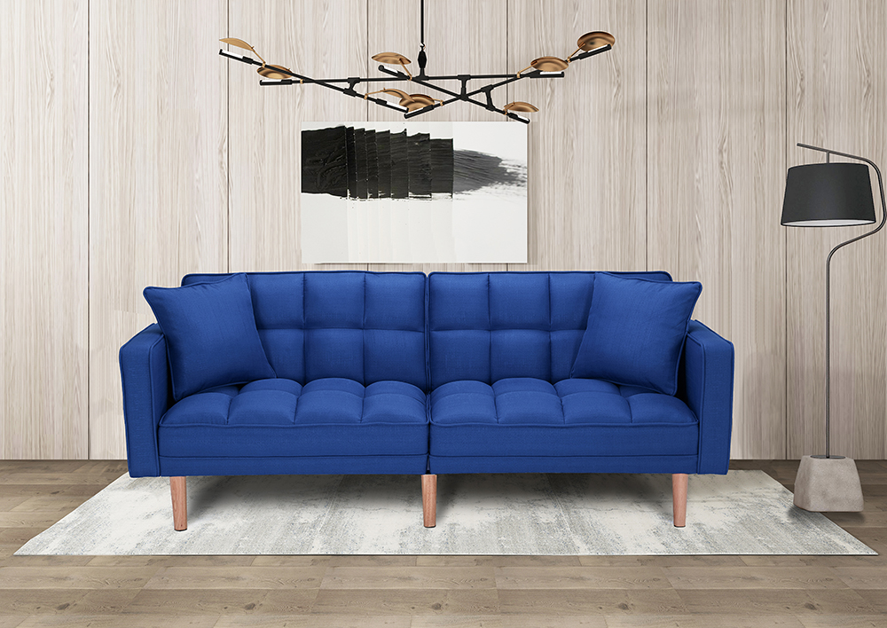 75" 2-seat Linen Upholstered Sofa Bed with 2 Pillows, Backrest, Armrests, and Solid Wood Feet, for Living Room, Bedroom, Office, Apartment - Navy Blue