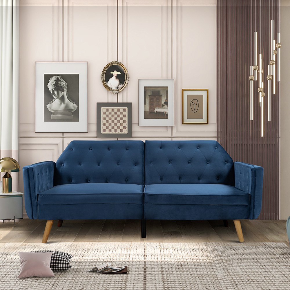 Orisfur 2-Seat Velvet Upholstered Sofa Bed with Wooden Legs and Backrest, for Living Room, Bedroom, Office, Apartment - Blue