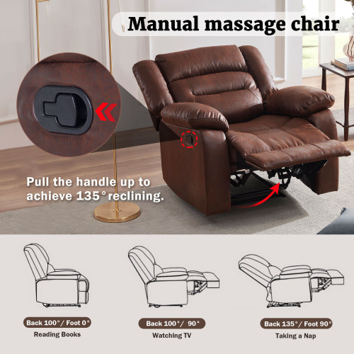 Orisfur PU Leather Heated Massage Recliner with 8 Vibration Points for Office, Home Theater, Living Room - Brown